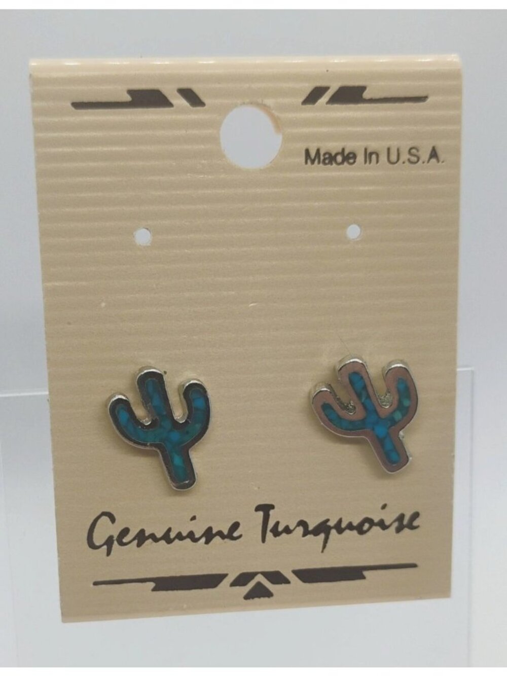 Vtg New on Card Made in USA Genuine Turquoise Cactus Earrings Silver Tone NOS